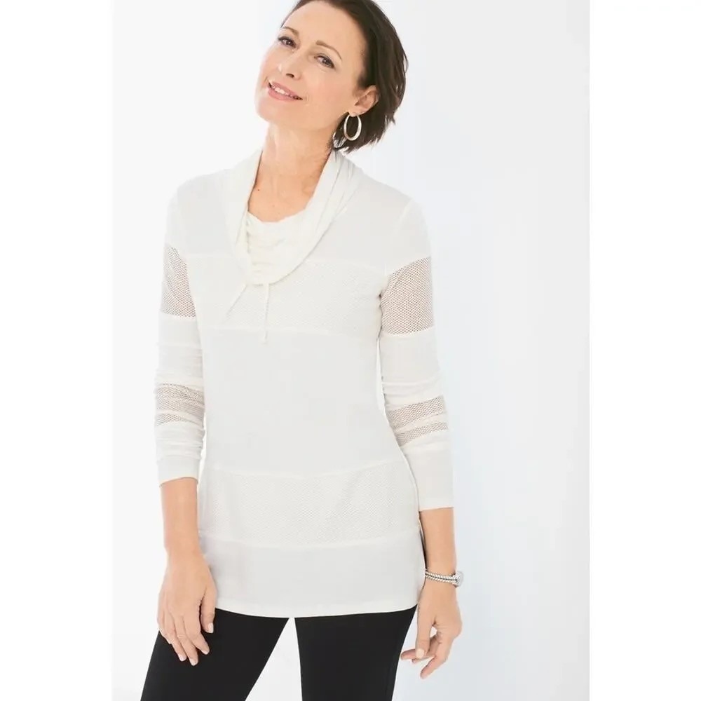 Chico's Zenergy Womens Ivory Cowl Neck Mesh Panel Tunic Top Sz 0 XS Coastal Chic